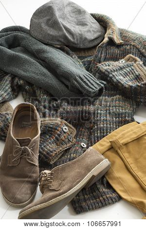 Hat, scarf, shirt, pants and shoes