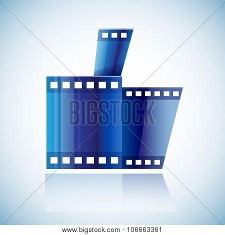 Curled blue cinema tape film human hand with thumb up LIKE shape logo on white background