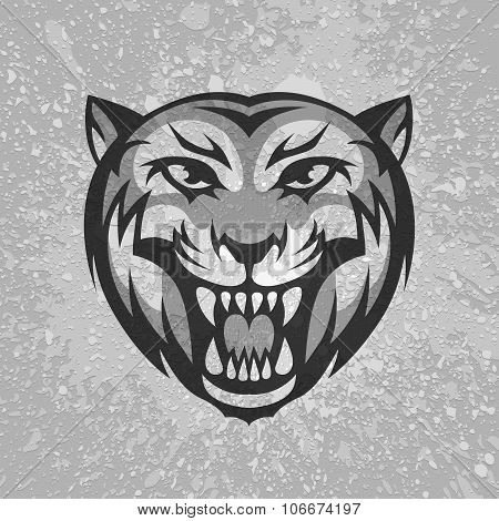 Black and grey tiger head logo on dirty plaster layers grunge splashes background