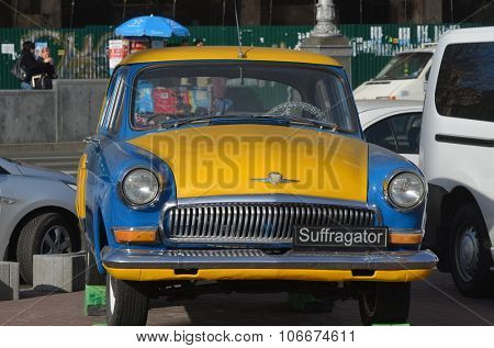 KIEV , UKRAINE - NOV 1, 2015. Exterior of the vintage Soviet car GAZ-21 Volga with folk stile tuning on November 1, 2015 in Kiev, Ukraine