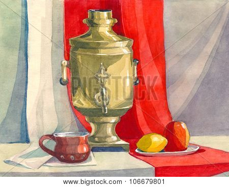 decorative watercolor still life in the classical Russian style