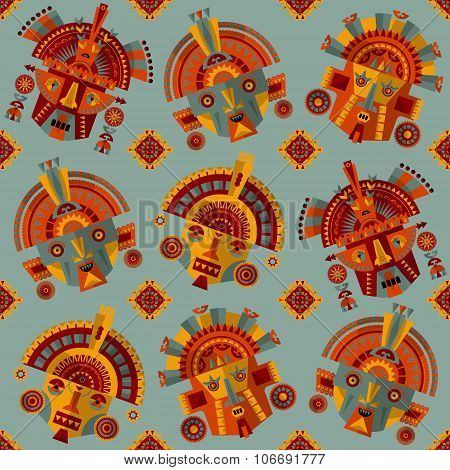 Inca Masks. Seamless Background Pattern.