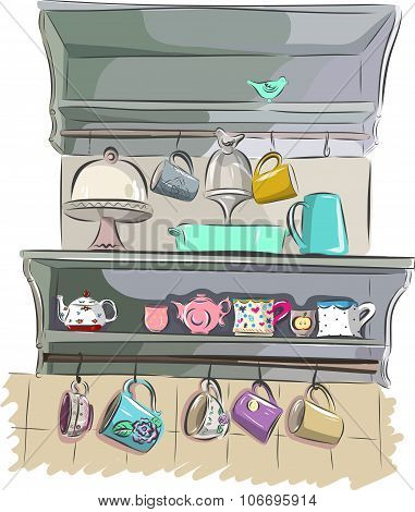 kitchenware with cup and teapots on white background.