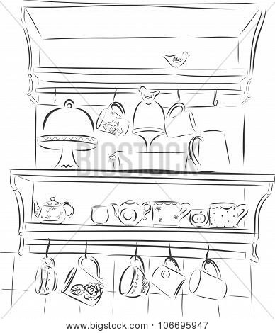 kitchenware with cup and teapots on white background.