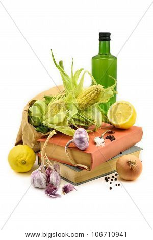 Vintage Cookbooks With Vegetable Ingredients Isolated On White.