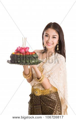 Loykratong tradition Thai woman hold kratong on white background