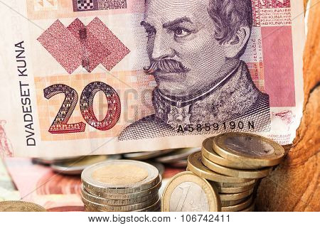 Money Euro 20 Kuna Bill And Coins