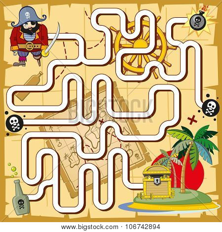 Pirate maze, labyrinth game for preschool children. Vector illustration