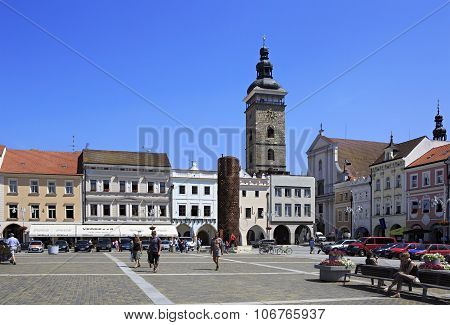 Architecture at the square in historic center of Ceske Budejovice.