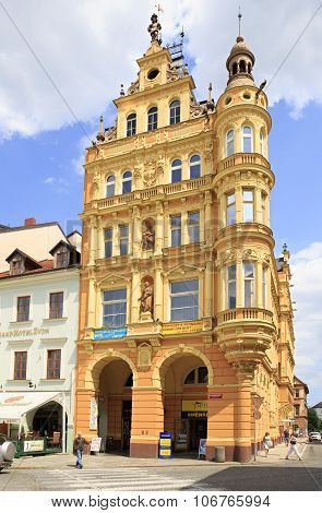 Architecture at the square in historic center of Ceske Budejovice.