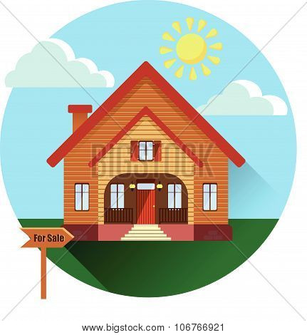 Image of a new brown siding or wooden house for sale with sunny countryside landscape. Building with