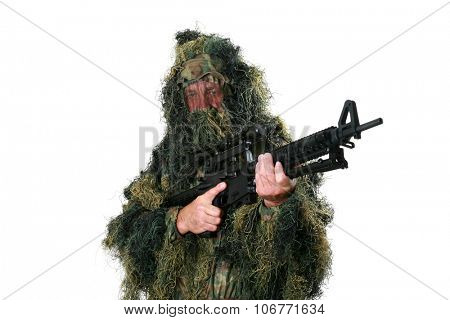 a Hunter or Sniper wears a Ghillie Suit to blend in with his surrounding woods or forest or field so he remains unseen by the enemy. Ghillie Suits are also worn for Halloween as a costume 
