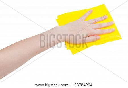 Hand With Yellow Wiping Rag Isolated On White