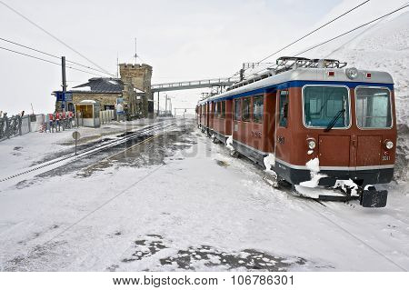 View to the Gornergratbahn railway upper station and the train in Zermatt, Switzerland.