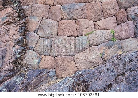 Inca Stone Wall On Bedrock In Pisac, Peru