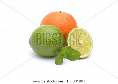 Limes And Tangerines On White Background