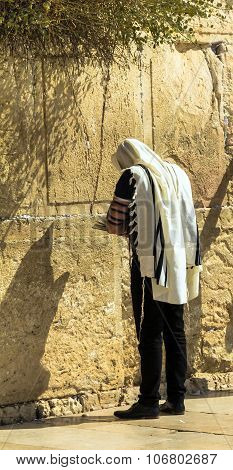 Unidentified Jewish Worshiper In  Tallith And Tefillin Praying At The Wailing Wall An Important Jewi