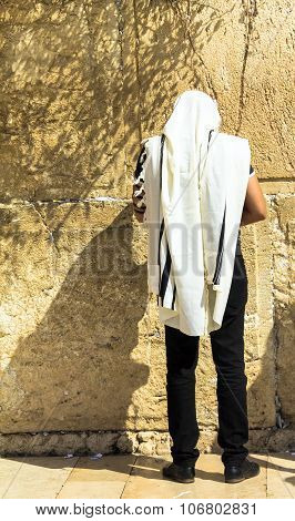 Unidentified Jewish Worshiper In  Tallith And Tefillin Praying At The Wailing Wall An Important Jewi