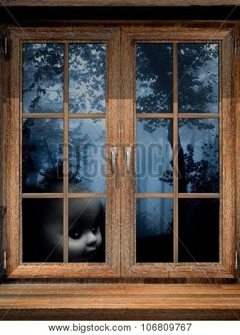 Dark series. Old window and doll ghost in misty forest. 3d render