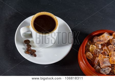 Expresso Coffee With Beans By German Rock Sugar Brauner Kandis In Bowl