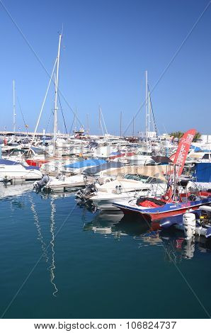 Boats and yachts in Puerto Colon yacht club in Costa Adeje on Tenerife