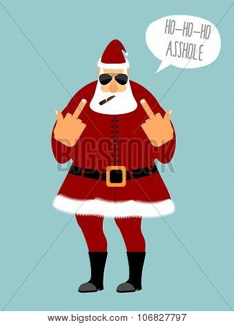 Angry Santa Smokes Cigar And Shows Fuck. Ho Ho Ho Is An Asshole. Fabulous Grandfather With Grey Bear