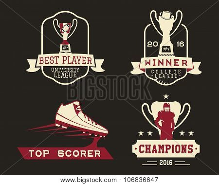 American football badge with winner cup, sport logo, label, insignia set in retro color style. Graph