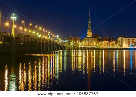 Old Town and River Daugava at night, Riga, Latvia