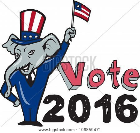 Vote 2016 Republican Mascot Waving Flag Cartoon