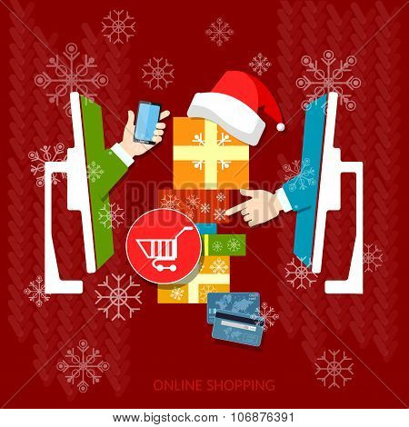Christmas Shopping Holiday Sale Discount Santa Hat Online Store Internet Shopping Vector Concept