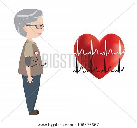 Old man monitored blood pressure and heart and Electrocardiogram, vector