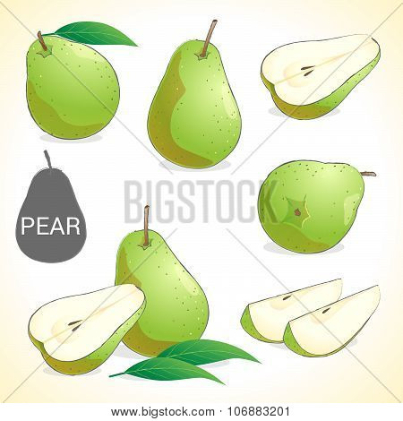 Set of pears with leaf in various styles