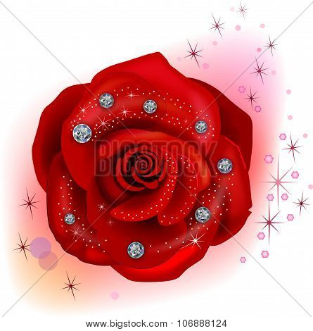 Red macro rose with diamonds