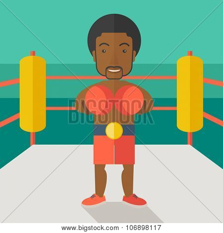 Single an african-american boxer in gloves standing in the ring vector flat design illustration. Square layout.