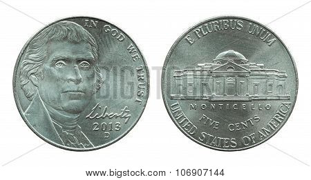 United States Five Cents Coin Isolated On White