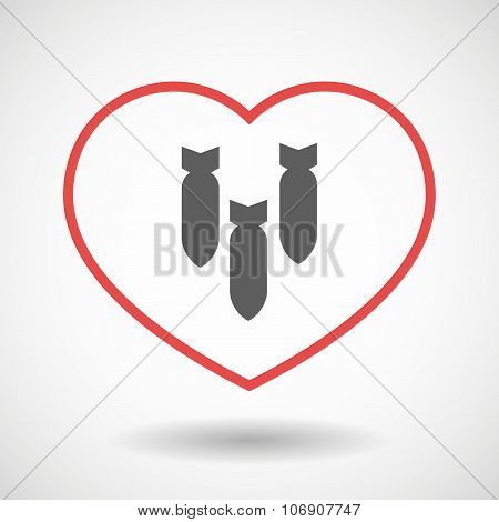 Line Hearth Icon With Three Bombs Falling