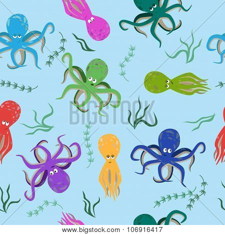 Multicolored Octopus And Seaweed. Seamless Pattern