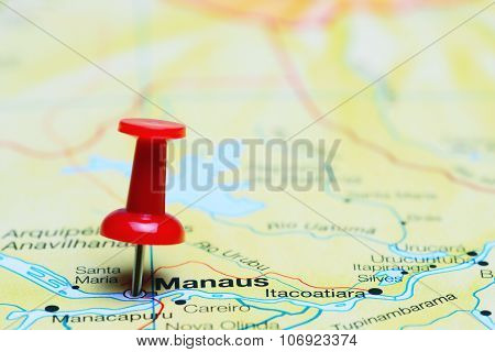 Manaus pinned on a map of Brazil