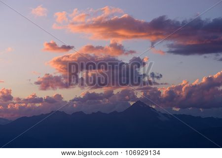 Mountain landscape. Sunset with beautiful clouds. Zemo Svaneti, Georgia. View from Mount Mkheer