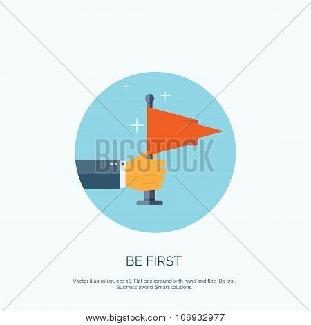 Vactor illustration with flat hand and flat. Be first. Winner, hero. Travel achievements.