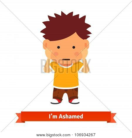 Kid holding his hands on face, scared or shy
