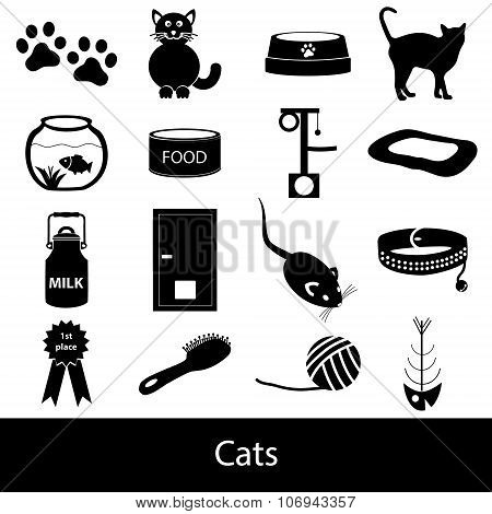 Cats Pets Items Simple Black Icons Set Eps10