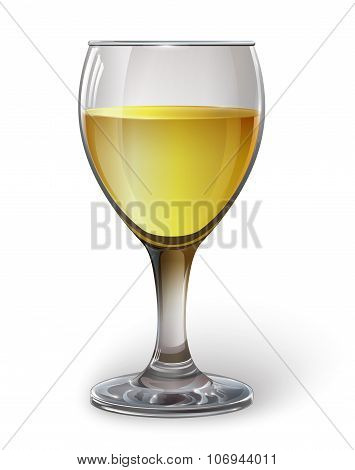 A realistic, transparent wine glass with white wine. Vector