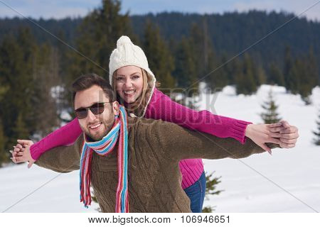 portrait of happy young romantic tourist  couple outdoor in nature at winter vacation
