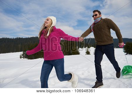 romantic winter  scene, happy young couple having fun on fresh show on winter vacatio, mountain nature landscape