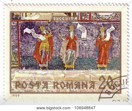 Romania - Circa 1969: A Stamp Printed In The Romania Shows Three Prophets, Fresco From Sucevita Mona