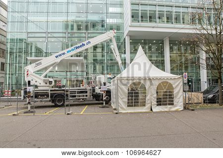 BADEN, SWITZERLAND. November 2nd 2015. General Electric logo being assembled in pavillion in front of the former Alstom thermal power headquarters.