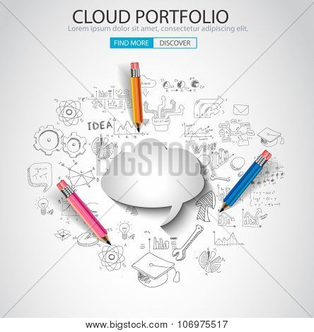 Cloud computing concept with doodle skeches infographics icons. Hand drawn icons of maths, graphs, notes, pencils, mail, and so on.