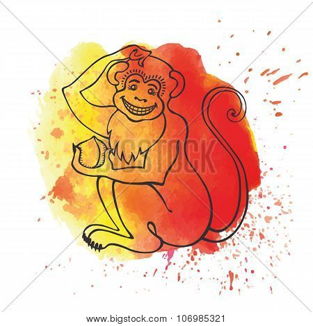 Chinese zodiac monkey.Watercolor splash