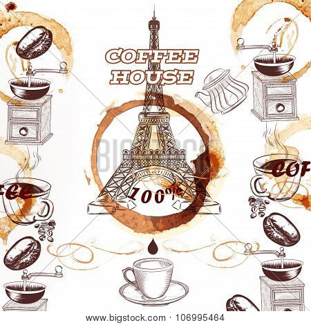 Coffee Vector Background With Hand Drawn Eiffel Tower And Coffee
